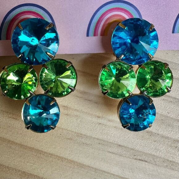 Vintage Bold Blue & Green  Clip-On Earrings - Picture 1 of 8